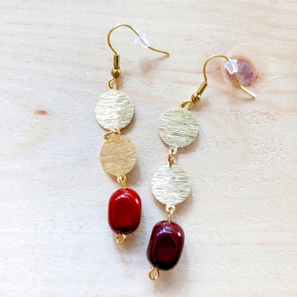 Brushed Round Golden Earrings with Red Jasper